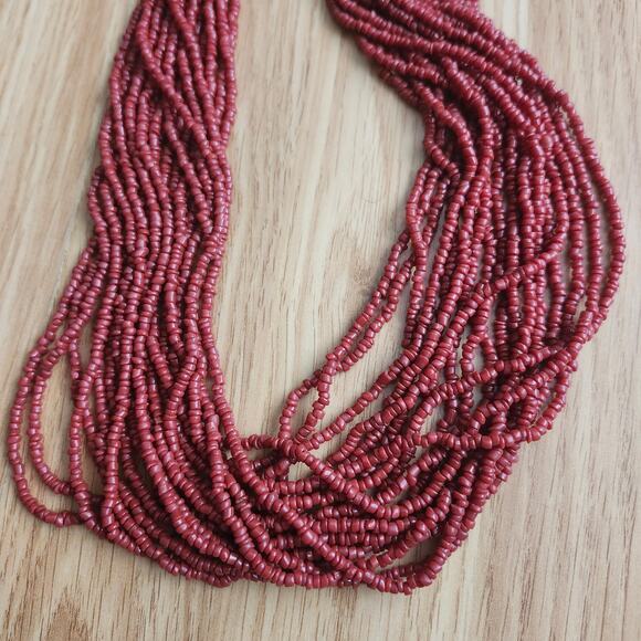 Red 18 Strand Seed Bead Bib Necklace 22" Boho Valentine Statement Collar Layered - Picture 6 of 8